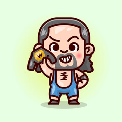LONG HAIR MALE WRESTLER IN BLUE OUTFIT SMILING AND BRING A CHAMPION BELT ON HIS SHOULDER.