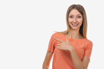 Portrait of stylish confident blond girl pointing finger left at interesting offer, recommend click...