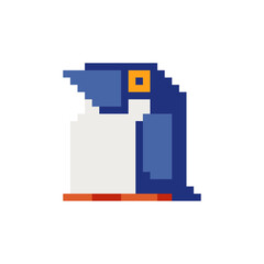 Penguin cartoon character pixel art icon, design element of children's book application, logo, sticker. Flat style. Game assets 8-bit sprite. Isolated vector illustration.