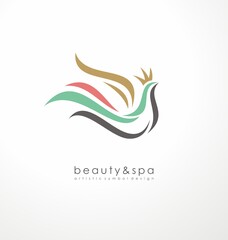 Logo design idea for beauty and spa business with elegant graceful royal bird with crown. Symbol concept for cosmetic or makeup industry. Vector bird icon.