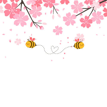 Cherry blossom branch and bee cartoons on white background vector illustration. Sakura flower.