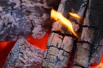 Firewood is burning. A place to keep warm in winter.  Selective focus