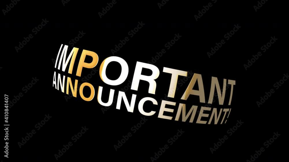 Poster 4k 3d important announcement gold text loop rotating animation on black background. advertising sign