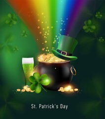 Fototapeta Illustration of a St. Patrick's Day flyer with fresh beer and clover on a green background.Coin Pot, rainbow, leprechaun hat Vector Irish Happy Holiday Design for Holiday poster, banner or invitation. obraz