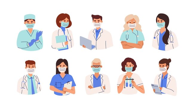 Set of doctors, nurses and paramedics in face masks. Portraits of male and female medic workers in uniform with laptop, stethoscopes and gloves. Flat vector illustration isolated on white background