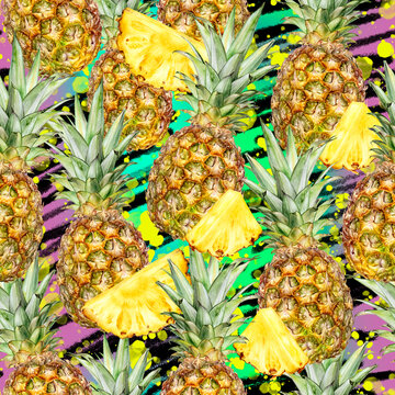 Watercolor seamless pattern pineapple on a color background.