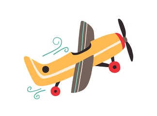 Toy plane with propeller isolated on white background. Side view of flying old airplane. Hand-drawn colored flat vector illustration of kids aircraft