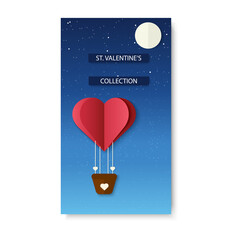 Romantic illustration for mobile stories or app with text St. Valentines collection. Sales concept. Air balloon in heart shape fly in the night sky above the winter forest. Valentine day. Paper cut.