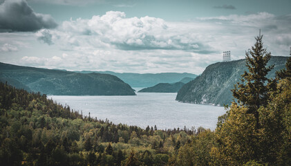 View point of fjord du Saguenay in Quebec Province on the East side with cloudy sky and windy weather. Green trees and grass on the foreground - obrazy, fototapety, plakaty