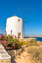 View  of a tradittional windmill in  Parikia, Paros island, Greece.