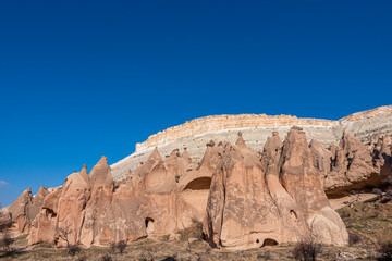 Beautiful historical and touristic places in Zelve valley , fairy chimneys, cave houses, Cappadocia, Nevsehir, Turkey