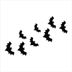 Flying bats group isolated on white background. Black night bat silhouettes. Halloween, horror, bat icon. Vector illustration, flat design.