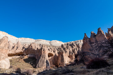 Beautiful historical and touristic places in Zelve valley , fairy chimneys, cave houses, Cappadocia, Nevsehir, Turkey