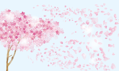 水彩風　桜の木と舞う花びらとキラキラ（背景ブルー）