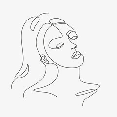 Woman head vector lineart illustration. One Line style drawing. 