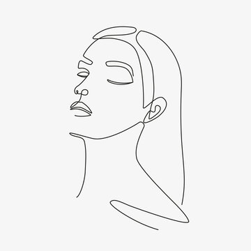 Woman head vector lineart illustration. One Line style drawing. 