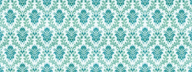 Old retro antique vintage rough turquoise white wallpaper texture background banner panorama, with seamless pineapple, flower and leaf print motive