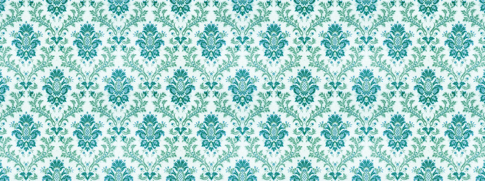Old retro antique vintage rough turquoise white wallpaper texture background banner panorama, with seamless pineapple, flower and leaf print motive