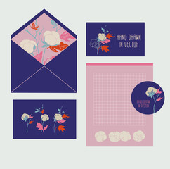 A set to send by mail. An envelope, postcard, business card, sticker, sheet for writing. Pink and purple color