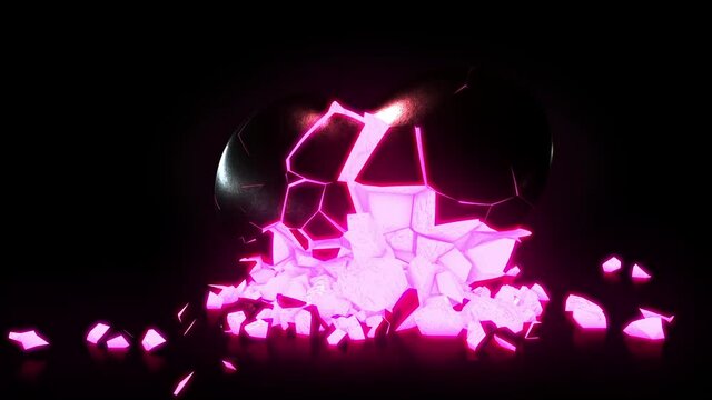 A black heavy falling heart crumbling and breaking as it hits a surface emitting a pink glowing interior
