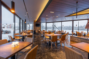 Interior of a modern mountain restaurant