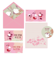 Fototapeta na wymiar A set for wedding invitations. An envelope, postcard, business card, sticker, sheet for writing. Pink color