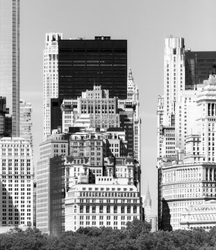 Black and white picture of Manhattan diverse architecture, New York City, USA.