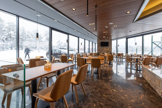 Interior of a modern mountain restaurant