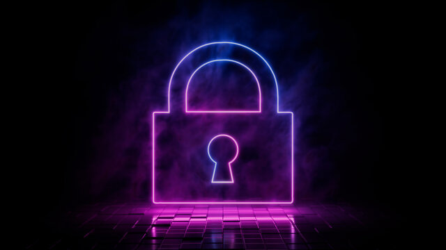 Pink and blue neon light lock icon. Vibrant colored security technology symbol, isolated on a black background. 3D Render 