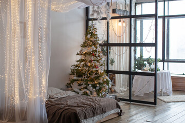 Fototapeta premium Christmas interior with bed in modern style. Dinner table. 