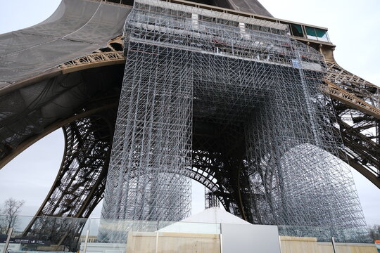 A closeup on the scaffolfing of the Eiffel Tower. the 4th February 2021.
