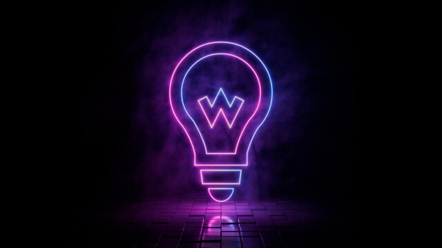 Pink and blue neon light lightbulb icon. Vibrant colored bulb technology symbol, isolated on a black background. 3D Render 