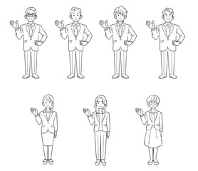 手のひらで案内するビジネスマンとビジネスウーマンの全身のイラストセット
