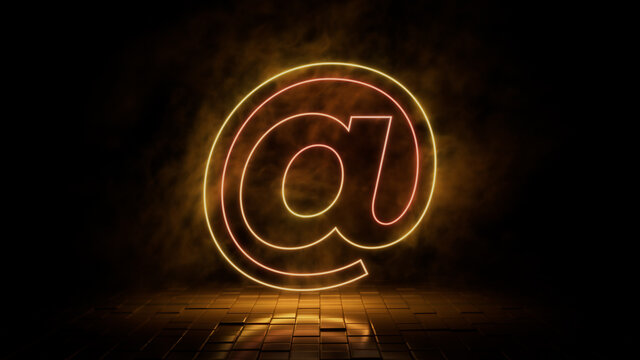 Orange and yellow neon light @ icon. Vibrant colored technology symbol, isolated on a black background. 3D Render 