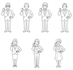 ガッツポーズするビジネスマンとビジネスウーマンの全身のイラストセット
