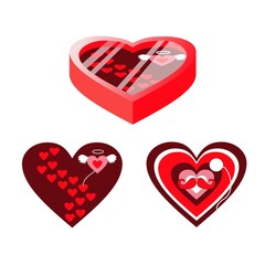 Set of vector hearts.  Happy Wedding Day. Box in the form of a heart with chocolate for a loved one.