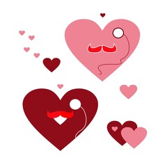 Vector illustration. A set of funny hearts with a mustache and monocle.