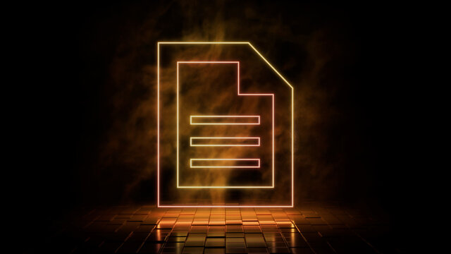 Orange and yellow neon light document icon. Vibrant colored technology symbol, isolated on a black background. 3D Render 