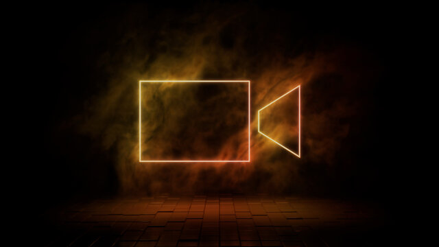 Orange and yellow neon light video camera icon. Vibrant colored technology symbol, isolated on a black background. 3D Render 