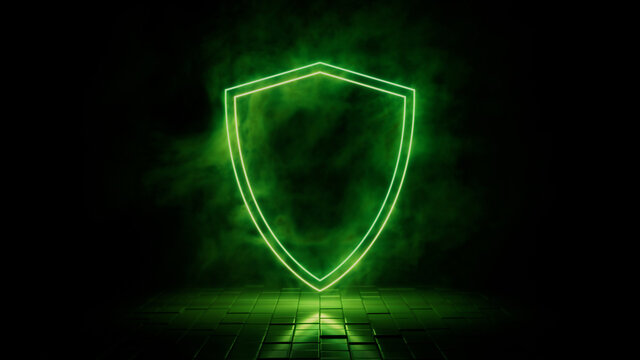 Green neon light shield icon. Vibrant colored technology symbol, isolated on a black background. 3D Render 