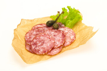 Obraz premium Spanish Salchichon sausage with salad