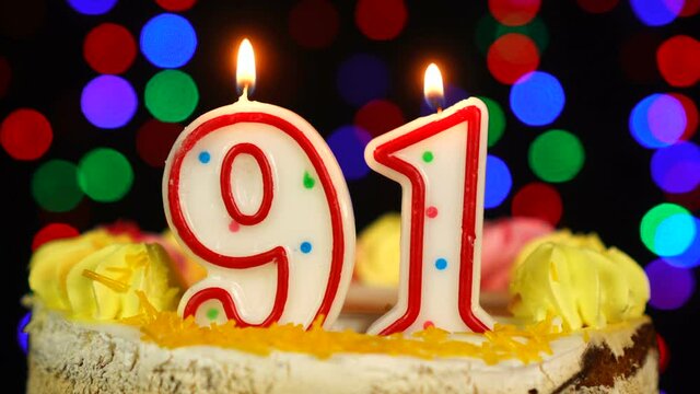 Number 91 Happy Birthday Cake With Burning Candles Topper.