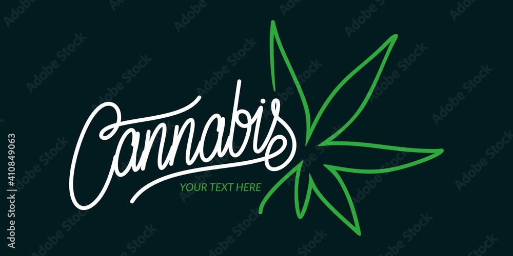 Wall mural Abstract Hand Written Word Cannabis With Cannabis Leaf Vector Illustration Art