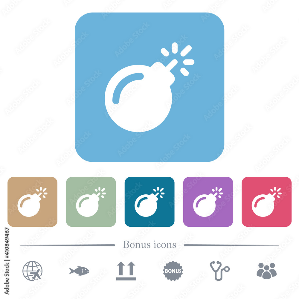 Poster bomb with sparkling fuse flat icons on color rounded square backgrounds