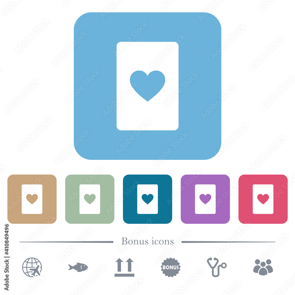 Sticker heart card symbol flat icons on color rounded square backgrounds