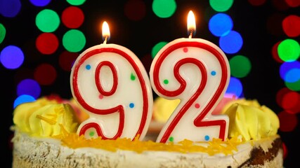 Number 92 Happy Birthday Cake With Burning Candles Topper.