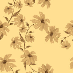 Vintage seamless watercolor pattern of plants. Herbs, flowers, chamomile, flowers watercolor. abstract splash of paint. flowers sunflower, leaves, calendula.yellow,
drawing of calendula, marigolds.

