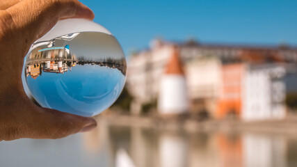 Crystal ball summer landscape shot at Passau, Danube, Bavaria, Germany