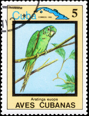 Postage stamp issued in the Cuba with the image of the Cuban Parakeet, Aratinga euops. From the series on Endemic birds, circa 1983