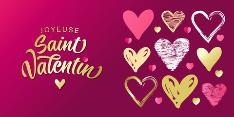 Joyeuse Saint Valentin French golden lettering - Happy Valentines Day with doodle sketch heart on background. Horizontal Valentine holiday calligraphy with hearts pattern, vector France banner design